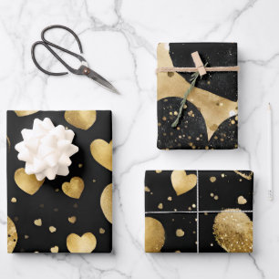 Aquarell Schwarz- und Goldtinte Valentinstag-Herze Geschenkpapier Set