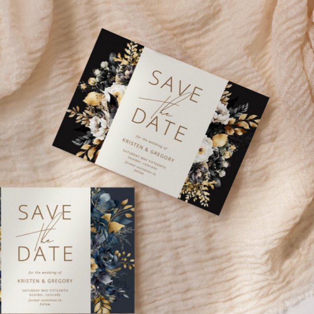Aquarell Schwarz-weiß Gold Floral Save the Date Einladung (Von Creator hochgeladen)