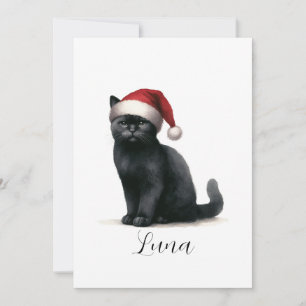 Aquarell-Schwarze Katze mit festlicher Santa-Mütze Feiertagskarte