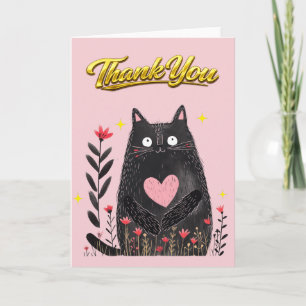 Aquarell Schwarze Katze mit Herz Danke Karte