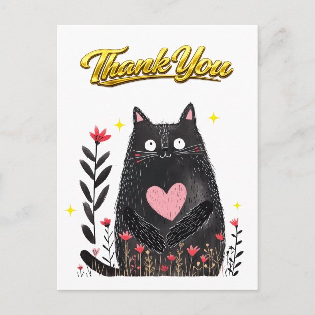 Aquarell Schwarze Katze mit Herz Danke Postkarte (Vorderseite)