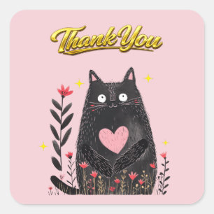 Aquarell Schwarze Katze mit Herz Danke Quadratischer Aufkleber