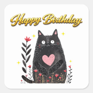 Aquarell Schwarze Katze Rosa Herz Geburtstag Quadratischer Aufkleber