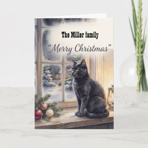 Aquarell Schwarze Katze Winter Fenster Weihnachten Karte