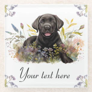 Aquarell Schwarzer Labrador und Sommerblumen Glasuntersetzer
