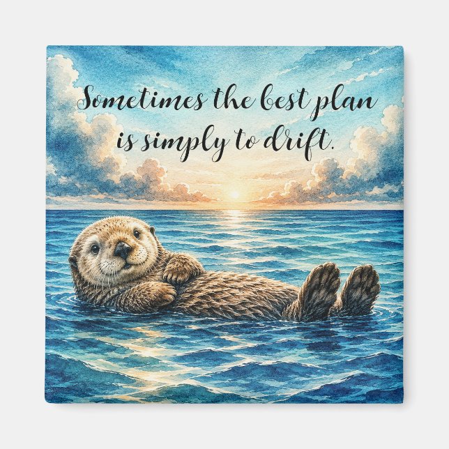 Aquarell schwimmender Seeotter mit Zitat Magnet (Vorne)