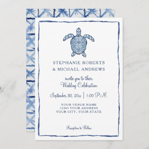 Aquarell Sea Turtle Beach Wedding Shibori Indigo Einladung