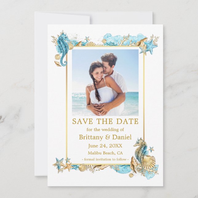 Aquarell Seashells Korallenküste Blue Gold Gold Save The Date (Vorderseite)