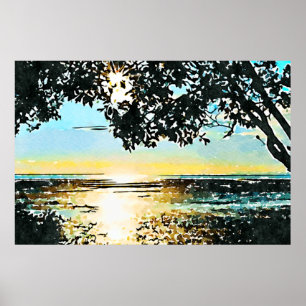 Aquarell-Seelandschaft Sonnenaufgang Poster