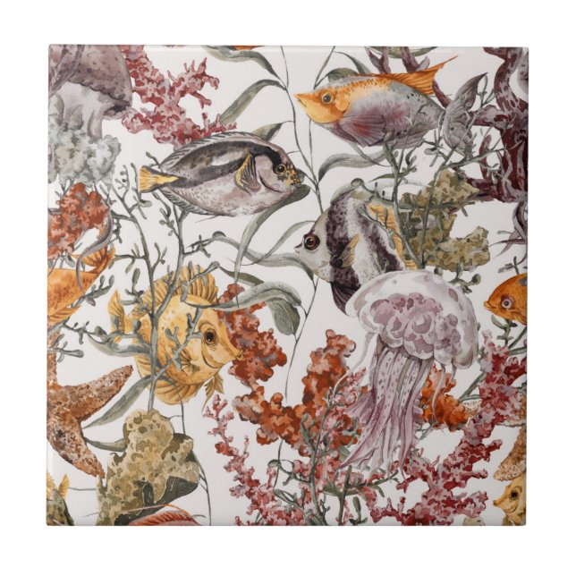 Aquarell-Seeleben-Muster 2 Fliese (Vorderseite)