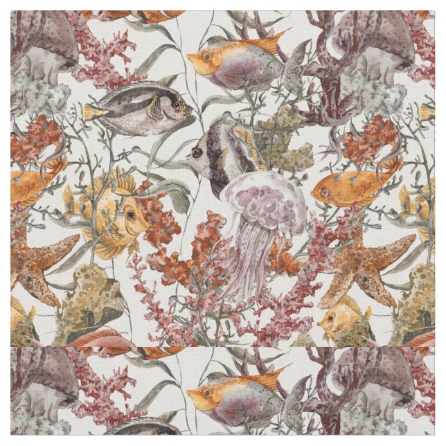 Aquarell-Seeleben-Muster 2 Stoff (Nahaufnahme)