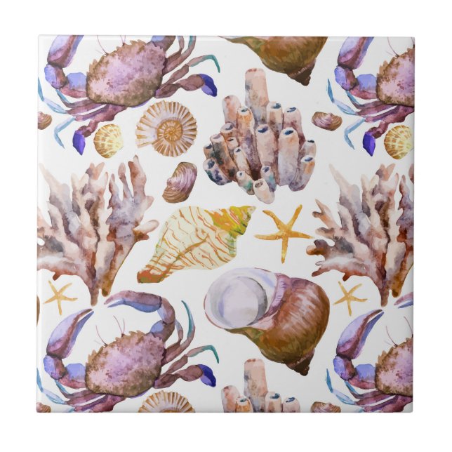 Aquarell-Seeleben-Muster 4 Fliese (Vorderseite)