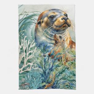Aquarell-Seelöwe-und-Jungtier-Küchentuch Geschirrtuch
