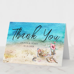 Aquarell Seestern & Muscheln Strandhochzeit Dankeskarte