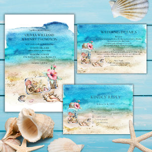 Aquarell Seestern & Muscheln Strandhochzeit Einladung