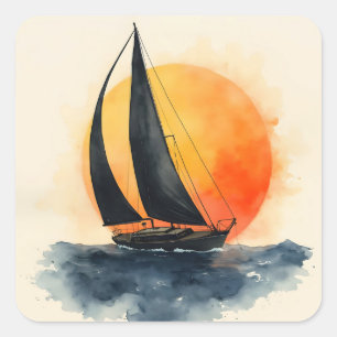 Aquarell-Segelboot bei Sonnenuntergang Quadratischer Aufkleber