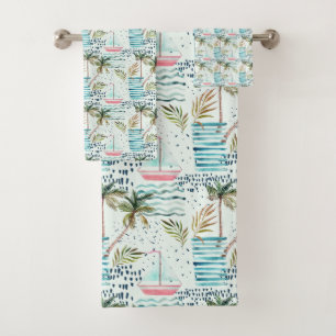 Aquarell-Segelboot mit Palme-Muster Badhandtuch Set