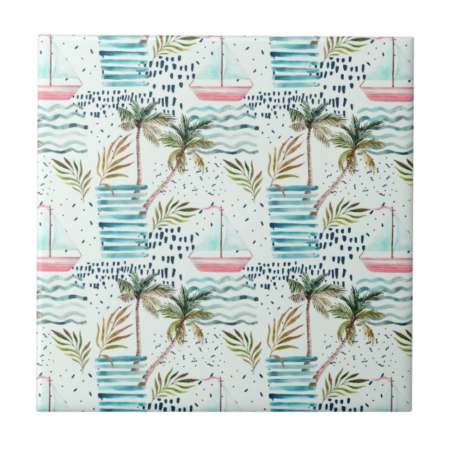 Aquarell-Segelboot mit Palme-Muster Fliese (Vorderseite)