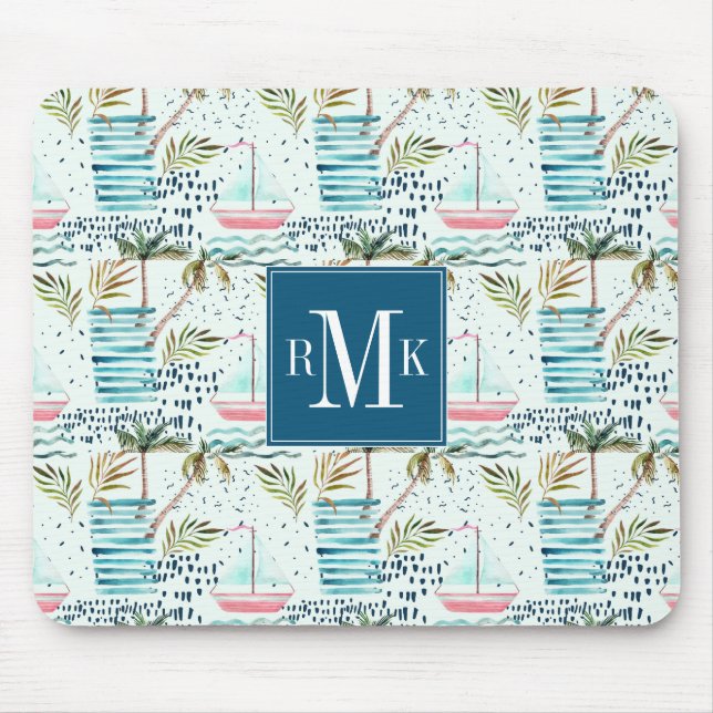 Aquarell-Segelboot mit Palme-Muster Mousepad (Vorne)