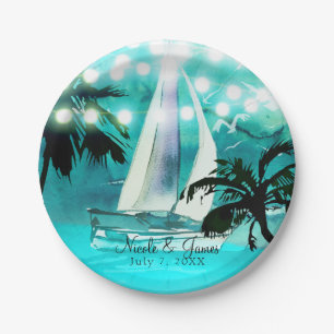 Aquarell-Segelboot Palmen & Lichterkette Pappteller
