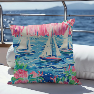 Aquarell-Segelboote Rosa Floral Preppy Küstenstil Kissen