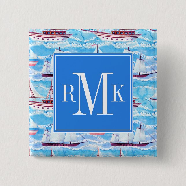Aquarell-Segelschiff-Muster Button (Vorderseite)