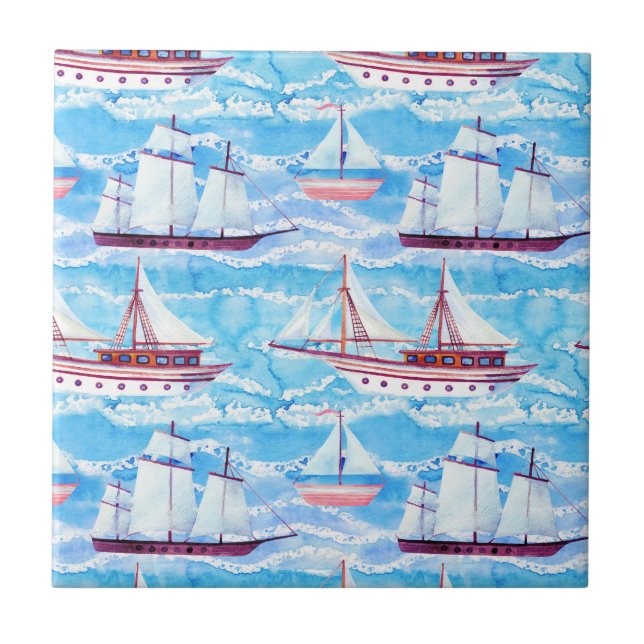 Aquarell-Segelschiff-Muster Fliese (Vorderseite)