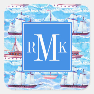 Aquarell-Segelschiff-Muster Quadratischer Aufkleber