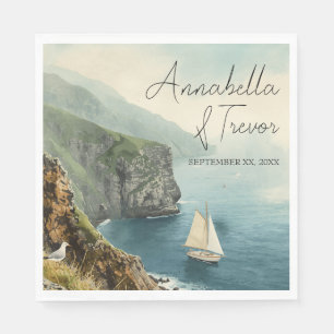 Aquarell-Segelschiff und Küstenklippen Benutzernam Serviette