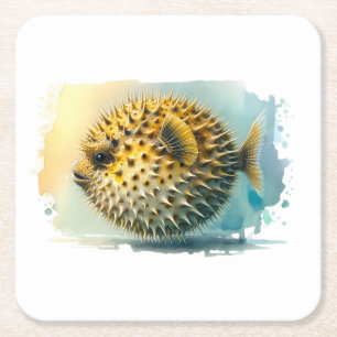 Aquarell-Serie: Kugelfisch Rechteckiger Pappuntersetzer
