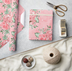 Aquarell Shabby Chic rosa Rosen und Punkte Geschenkpapier