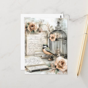 Aquarell Shabby Chic Vogel & Käfig Postkarte