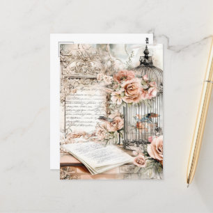 Aquarell-Shabby-Chic-Vogelkäfig Postkarte