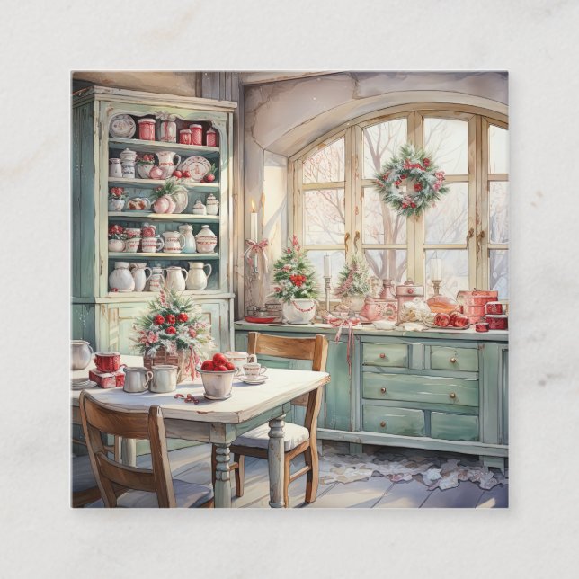 Aquarell Shabby Chic Weihnachten Küche Quadratische Visitenkarte (Vorderseite)