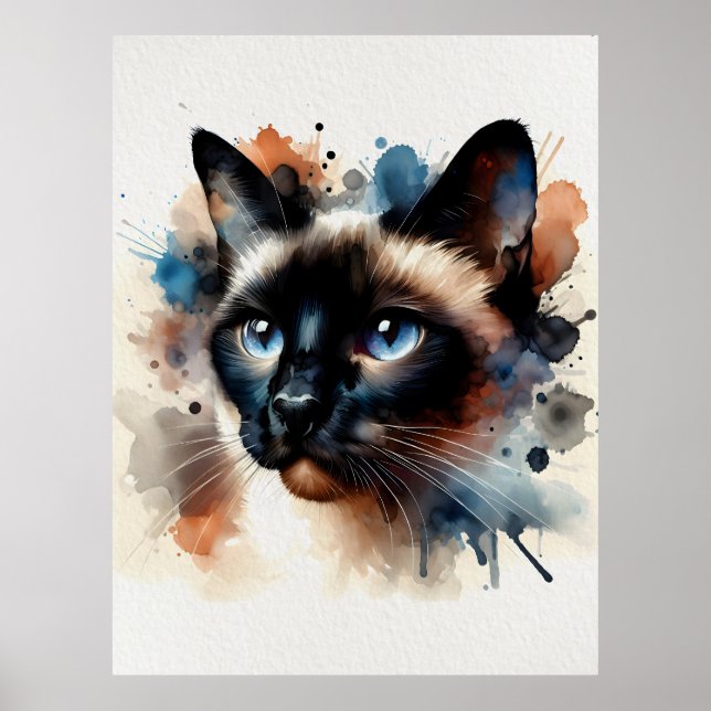 Aquarell Siamese Katze Farbiges Portrait Poster (Vorne)