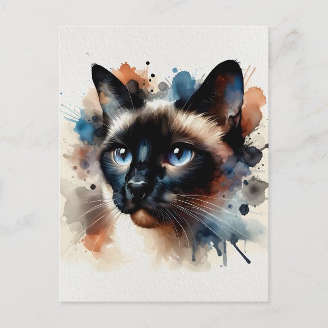 Aquarell Siamese Katze Farbiges Portrait Postkarte (Vorderseite)
