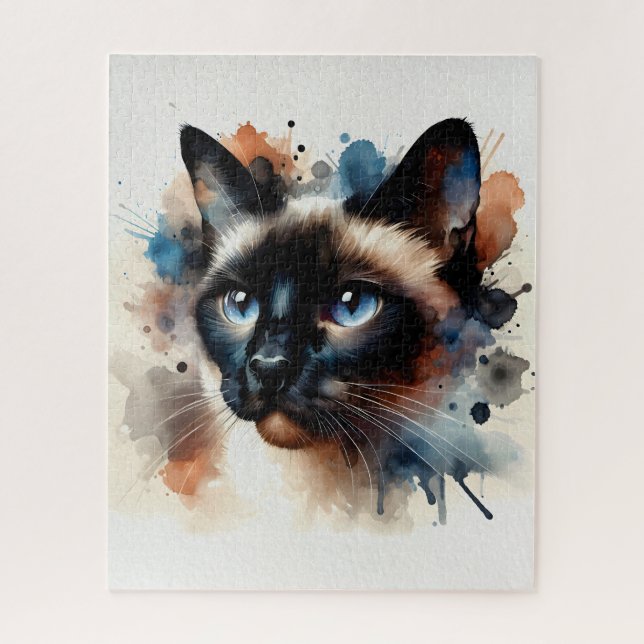 Aquarell Siamese Katze Farbiges Portrait Puzzle (Vertikal)