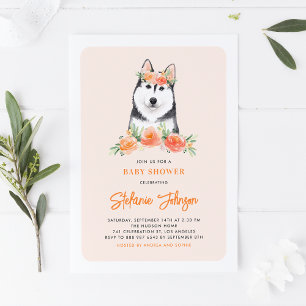Aquarell Sibirische Husky Peach Floral Baby Dusche Einladung