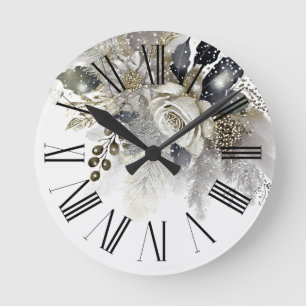 Aquarell Silber Gold Weiße Rosen Blumen Runde Wanduhr