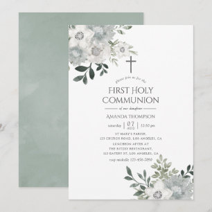 Aquarell Silber-Salbei-Blumen Erstkommunion Einladung