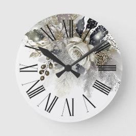 Aquarell Silberne Weiße Rosen Blumen Runde Wanduhr