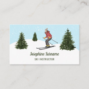 Aquarell Skifahrer Winterwald Schnee Skilehrer Visitenkarte