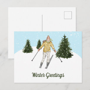 Aquarell-Skilaufende Frau und Bäume Wintergrüße Postkarte