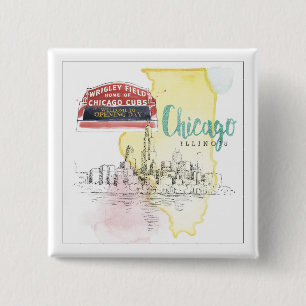 Aquarell-Skizze-Bild Chicagos, Illinois Button