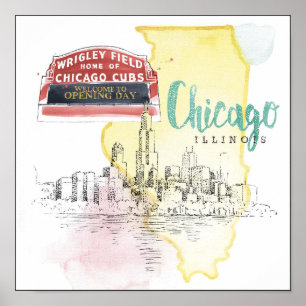 Aquarell-Skizze-Bild Chicagos, Illinois   Poster