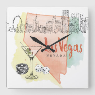 Aquarell-Skizze-Bild Las Vegass, Nevada   Quadratische Wanduhr