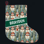 Aquarell Snowman Weihnachten Personalisiert Großer Weihnachtsstrumpf<br><div class="desc">Wasserfarbene,  gemütliche Schneemänner in warmen Rottüchern und warmen Strick Hüten und einem hübschen grünen,  roten und blauen Kiefernhintergrund personalisierter Weihnachtsfeiertag.</div>
