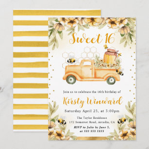 Aquarell-Sommer-Biene-LKW und Sonnenblumen Sweet 1 Einladung