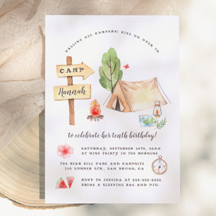 Aquarell Sommer Camping Mädchen Geburtstagsfeier Einladung