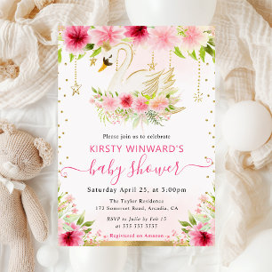 Aquarell Sommer Rosa Blumen Schwan Babyparty Einladung